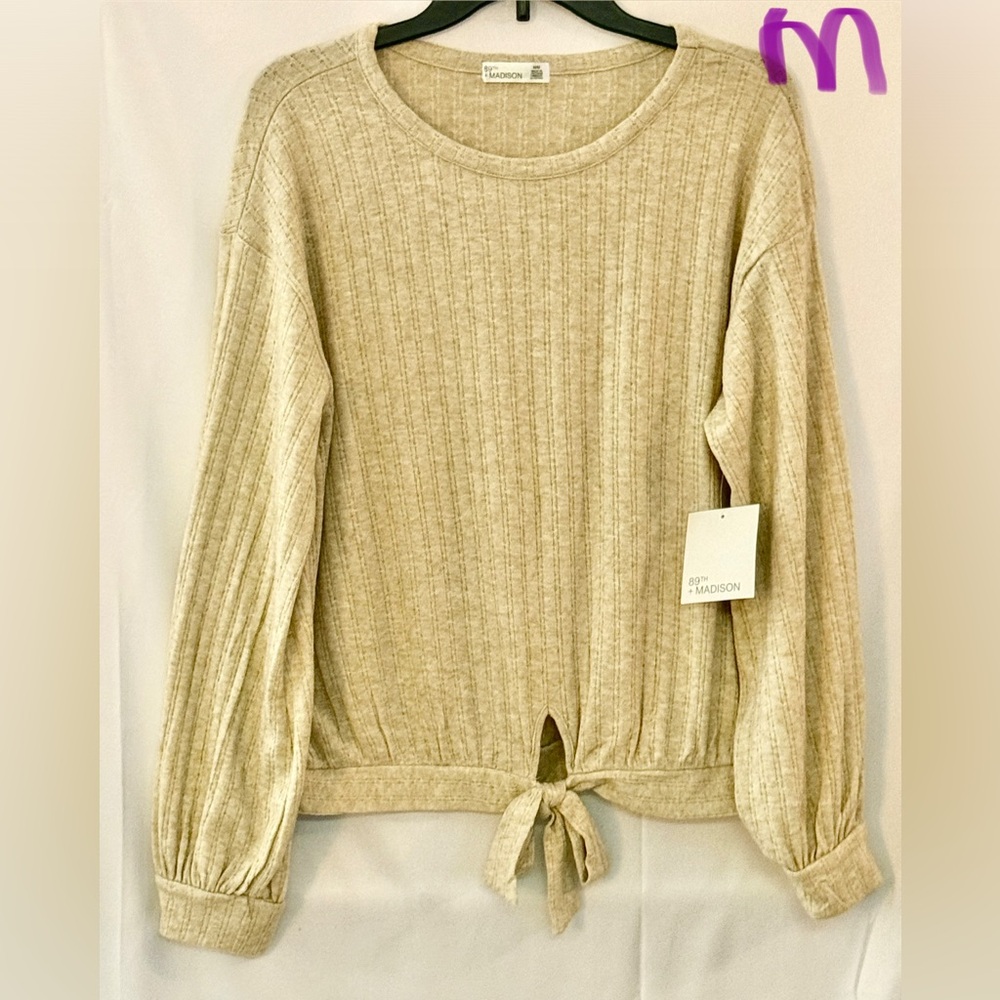 89th & Madison Beige Ribbed Tie-Front Top
